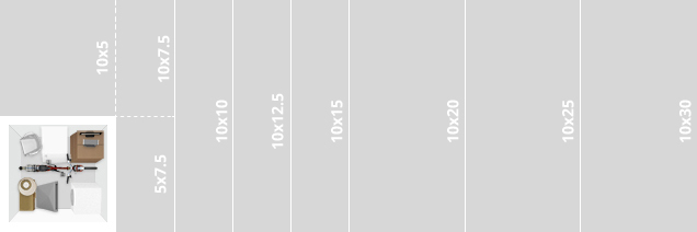 Storage unit size guide from Big Tex Storage, showcasing various unit sizes ranging from 5x7.5 to 10x30, helping customers find the perfect storage solution for their needs.